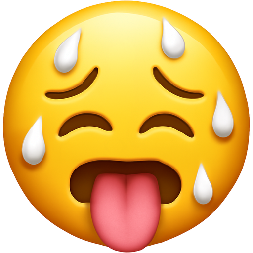 An emoji with white droplettes dripping down its face and its tounge is sticking out with squinting eyes
