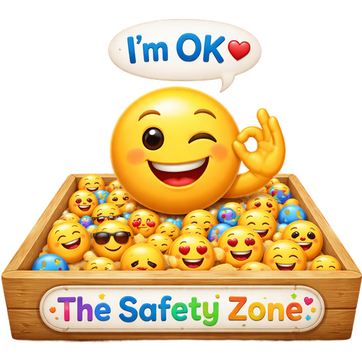 A large yellow emoticon, saying I’m ok, sitting in a sandpit filled with many smaller random emoticons. The sandpit is named “The Safety Zone”