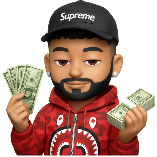 3D Memoji-style thinner male character with dark brown eyes, dark black curly, wavy hair on top and a high skin fade on the sides, clean modern look. Short trimmed, and black beard that fades smoothly into the sideburns. Wearing a red camo “BAPE – A Bathing Ape” shark hoodie with detailed zipper and hood pattern, and a black “Supreme” box-logo dad cap. Bright diamond square-cut earrings, and a diamond Cuban-link chain. Character facing the camera with a smirk and stoned low, glossy eyes, holding a fan of dollar bills in one hand, and a stack of dollar bills in the other, posing proud. Smooth shading, high-resolution Apple Memoji aesthetic, expressive and stylish, realistic lighting, white background, emoji portrait framing.