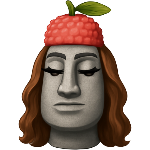 official Apple Moai emoji with eyelashes, winged eyeliner, and long wavy brown hair, wearing a lychee fruit hat