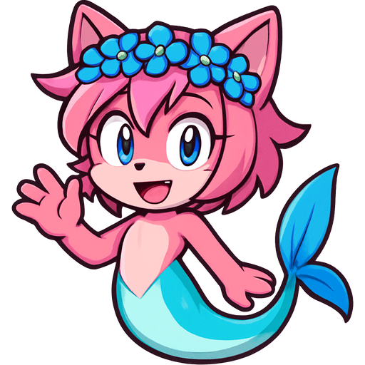 Male pink anthro cat with pink hair blue flower crown with long cyan and white mermaid tail with blue fins sonic x style emoji, artistic style