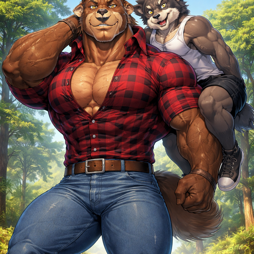 A Full BODY and FACE of Muscular and Buff and a Gigantically Muscular with Chunky and Hunky Gigantic Pecs AND biceps and a BIG and STOCKY body and Puffy Pecs. VERY Masculine and handsome ANIME Animated Young Bara Furry Grizzly Bear with a VERY Good-looking, Detailed and Mature Face and brown eyes with a wrestler type body. Dressed in a tight BUTTON UP Lumberjack outfit and Jeans. Carrying his Boyfriend on his right shoulder sitting up strait