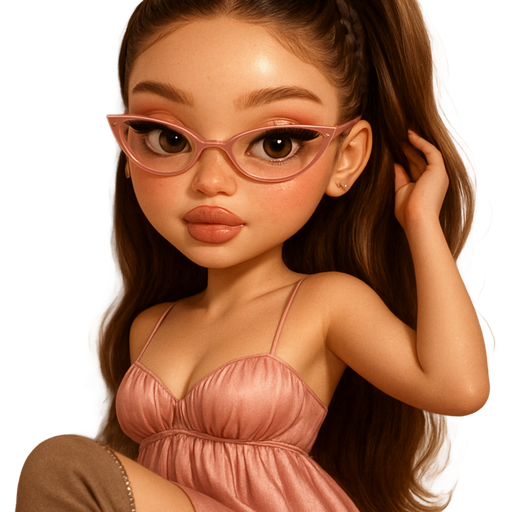 luxury glossy bratz-doll romantic aesthetic, warm cinematic glow, crisp clean detail, glossy glam skin. brown eyed Petite girl, fair skin with soft freckles, long wide face with tall forehead, honey-golden almond wide-set upturned eyes, attached ear lobe, fluttery lashes, shimmer highlight, plush lips, bottom heavy lip, sweet Belle-princess vibe, long straight brunette hair with visible light blonde highlights, softly defined feminine body, soft hourglass shape with full round bust, wearing warm blush pink satin spaghetti strapped puffy babydoll dress cut puff under bust, light warm taupe suede pointy-toed over-the-knee stiletto boots, gold studs, warm blush pink cat-eye, rose highlighted inner-corner, glossy warm blush cheeks, soft warm blush plush lips, soft waved ponytail with scalp-braid going toward pony, she’s leaning up against a wall smoothing out her ponytail. Cozy romantic glow, soft warm lighting, pop-princess energy