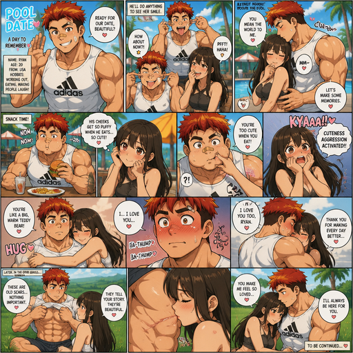 A Full page Anime Comic book story about of a masculine and Bulky ANIME Cute Bara Man American 20 year old with a ROUND and BASIC facial structure and TENAGE BARA CUTE MALE not to detailed With bigger than average Pecs that are visible through the shirt and Biceps and a big Bandaid on his nose and Left Cheek and Right Eye brow. Wearing a no piercings Baggy White Adidas Sleeveless Shirt and Shorts and Red Hair and Bright Orange medium sized hair Hair Tips and Strait with brown eyes and black eyebrows. At the Pool on a Romantic date and makes more funny faces just to see her laugh and he Grabs her by the waist and Kisses her on the head before they get in to the pool. They eat and he eats with puffy cheeks and she realizes how cute he is when he eats and pinches his cheeks and she had CUTENESS AGGRESSION for him. And then She Hugs Him like a Teddy Bear and He and Saying I love you blushes Hard. And then go to open grass and look at the Scars and She decided to kiss his scars