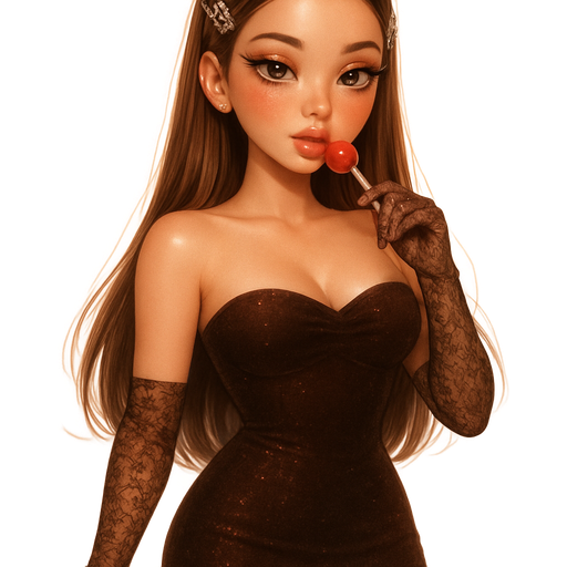 luxury glossy bratz-anime romantic aesthetic, warm cinematic glow, crisp clean detail, glossy glam skin. brown eyed Petite girl, fair skin with soft freckles, long wide face with tall forehead, honey-golden almond wide-set upturned eyes, fluttery lashes, shimmer highlight, plush lips, bottom heavy lip, sweet Belle-princess vibe, long straight brunette hair with visible light blonde highlights, softly defined feminine body, soft hourglass shape with full round bust, gum spinning lazily around her finger, strapless velvet mini dress in deep cocoa brown, bodice sculpted seamless, hem dusted with micro-sparkles like faint constellations; sheer lace gloves, fingertips glowing faintly from warm light beneath; caramel heels curved at the toe, glossy finish like melted toffee; hair slicked down center, gleaming, tucked neatly behind crystal-encrusted barrettes; eyelids glazed with cinnamon shimmer fading into rose haze, lashes long and separated like fans; glossy nude lips catching highlights as she moves, cherry-red lollipop in other hand leaving faint kiss-shaped sugar prints. Cozy romantic glow, soft warm lighting, pop-princess energy