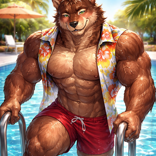A Full Body Image of a Hunky and Chunky a Brown Wolf that is Muscular but not to muscular Masculine and Handsome and Ginormous Arms and a Rounded Huge Pecs and Short Strait Hair. Dressed in a Sleeveless Hawaiian buttoned up tight Shirt with a Short waist and Trunks getting out of the pool blushing at his boyfriend.