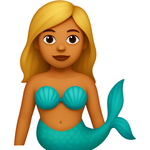 Mermaid with turquoise mermaid tail and extra large full shell bra, medium long blond hair, brown dark eyes and good tan
