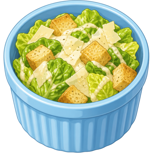 ghibli style | color #82CAFF ceramic ramekin | caesar salad inside ramekin | view: the high-angle + front center + close-up