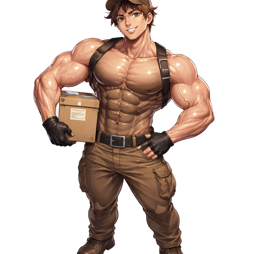 A Full Body View of Buff Jacked, Muscular and Hot And Cute Guy With Humongous Biceps and Pecs. As an Delivery Man in a Brown Baseball Hat, with 4 Wings with Brown Hair and Brown Hair. Drenched in sweat