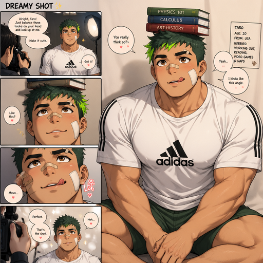 A Full page Anime Comic book story about of a masculine and Bulky ANIME Cute Bara Man American 20 year old with a ROUND and BASIC facial structure and TENAGE BARA CUTE MALE not to detailed With bigger than average Pecs that are visible through the shirt and Biceps and a big Bandaid on his nose and Left Cheek and Right Eye brow. Wearing a no piercings Baggy White Adidas Athletic shirt and Short and Green Hair and Bright Green Hair Tips and Strait with brown eyes and black eyebrows. Sitting down with his head still and his eyes looking up at you with a Hot,Cute and Dreamy smile And Balances Books on his head and Licking his lips at a Photoshoot.