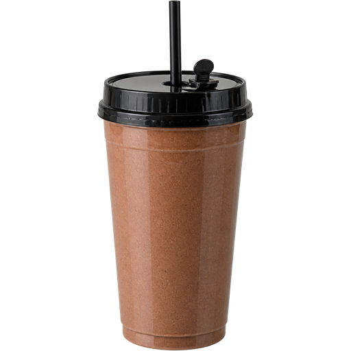 Chocolate Peanut Butter Smoothie with a 32oz PP Injection Cup and a Premium Plastic PP Black Lid with an Attached Stopper including a Straw on Top of It