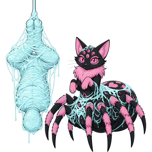 #B8FFFF spider slik cocoon #B8FFFF mummified completely covered human hanged upside down covered with #B8FFFF thin coat of #B8FFFF spider webs and covered with thick layer of #B8FFFF spider slik webbing next to pink and black cat drider hybrid