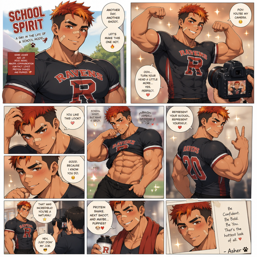 A Full page Anime Comic book story about of a masculine and Bulky ANIME Cute Bara Man American 20 year old with a ROUND and BASIC facial structure and TENAGE BARA CUTE MALE not to detailed With bigger than average Pecs that are visible through the shirt and Biceps and a big Bandaid on his nose and Left Cheek and Right Eye brow. Wearing a no piercings Modeling a School Spirit Clothes that are tight around the waist and Pants and Red Hair and Bright Orange Hair Tips and Strait is wearing a Motorcycle haircut with brown eyes and black eyebrows. Taking Hot, Dreamy and Attractive Photos and flexing. And With Extra Makeup blush UNDER HIS EYES