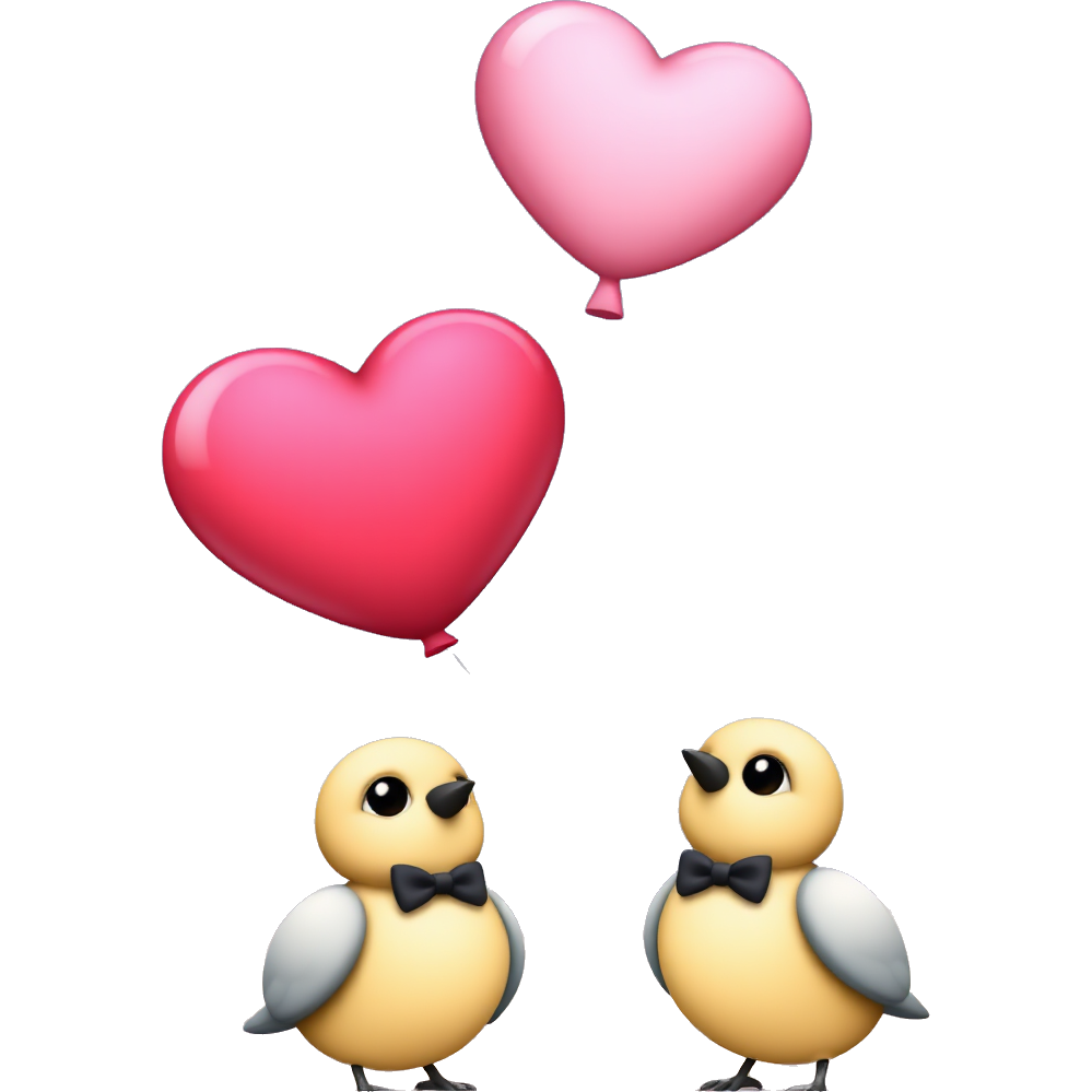 A whimsical heart-shaped balloon, adorned with sparkling stars, drifts gently in the breeze. Its vibrant colors—pink and red—contrast beautifully against a twilight sky. Below, a pair of cartoon lovebirds sporting tiny bow ties and pearl necklaces gaze up, their eyes reflecting pure joy and affection.