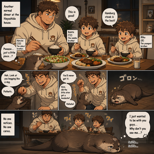 A DETAILED AND LIFELIKE ANIME Comic Book story view of a Bulky but Muscular ANIME Cute Bara Man With Peach toned skin Who looks Normal aind round facial Structure and Basic facial structure With Puffy and Big Pecs that are visible through the shirt and Biceps and Bandaid on his nose and Brown Fluffy and Strait hair. Wearing normal clothes and hoodie that matches his Family members so no one in the family got lost and With his pet Full grown and Healthy and long otter and 2 little brothers. And they at the house all eating dinner together and the otter begs for food. And the bigger brother excessively bullies the otter. And the otter laying his side on the floor with a headache. And everyone neglects the otter and the otter doesn’t feel seen and he cries. Ans
