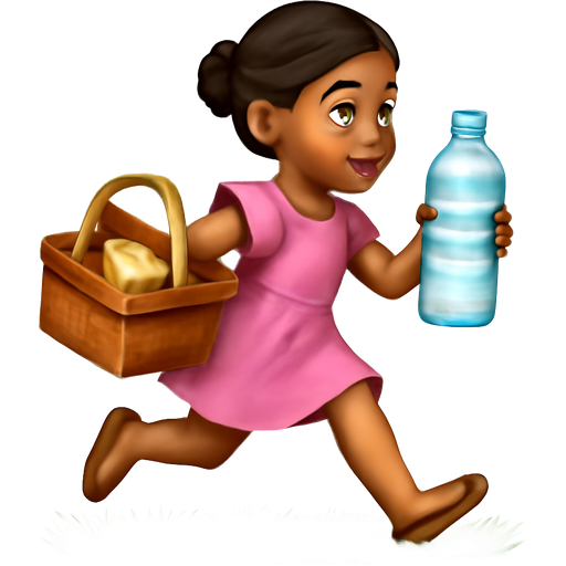 A brown girl wearing a pink ruffle sleeved dress with brown hair in a braid bun holding a picnic basket that’s half open on one side with a sandwich in it and a big bottle of water in it galloping in the grass