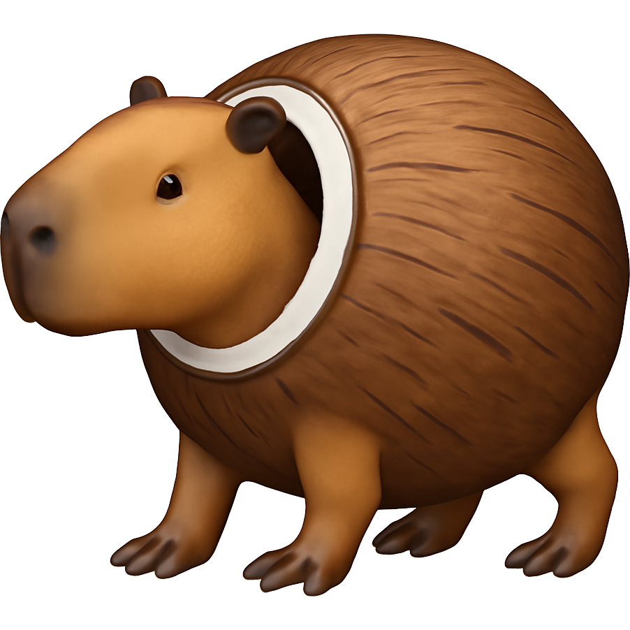 a capybara with a coconut body and the head comes out of the small opening in the coconut with arms and legs with four legs on the floor