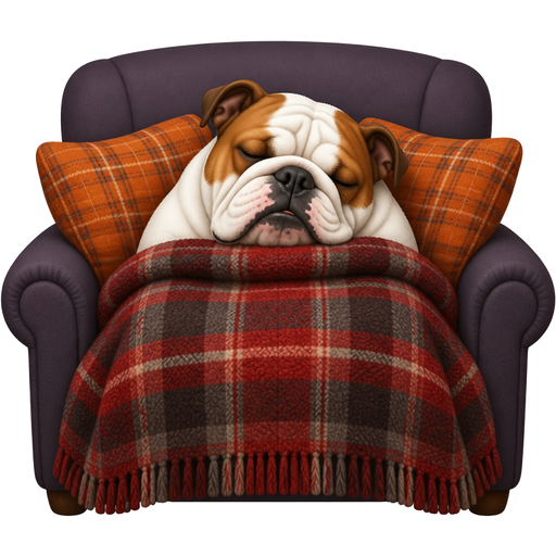 Large white and brown bull dog sleeping on dark purple-ish gray couch with orange plaid pillows and a fluffy woolly/plaid dark vermillion-red-ish gray blanket up to it’s neck/upper torso
