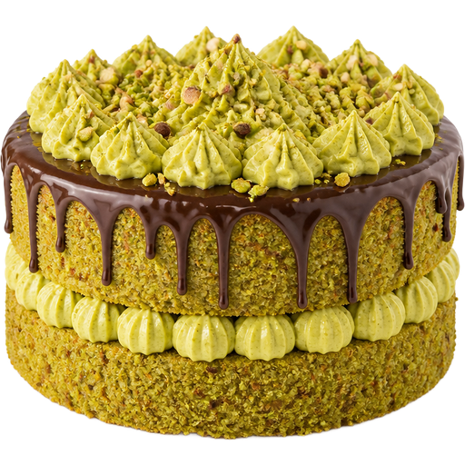 Whole Pistachio Cake with Two Rows of Pistachio Frosting Both on Top and in the Middle Dollops on Top and Ganache on Top as Well with Chopped Pistachios