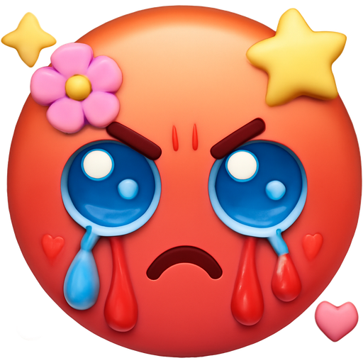 sad face that’s blue color eyes dripping blue tears from it half mad face that’s red with red tears dripping down it’s eyes