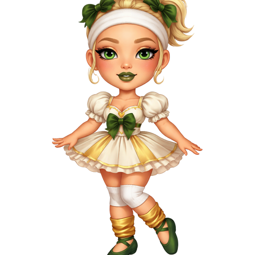 Banana Twirl with a Fair-Light Warm Soft Beige Skin Tone with a Full Lip Shape With a Slight Doll Eyelash Shape and A Dark Green Tinted Matte Lipstick with a Grey-ish Blue Eyeshadow and a Curved Round Eyebrow with a Almond Eye Shape and a Square Face Shape with Light Blonde Hair in a Short Ponytail Hairstyle in a Up Position With the Bows Being A Dark Moss Green With a White Sweat Band on Her Forehead Wearing a White Ballet Dress With the Skirt Being Gold and White Short Puffed Sleeves and the Center of Dress Has a Dark Moss Green Bow With the Strap Being White Wearing White Sweat Band Round her Knees and Gold Leg Warmers Round her Ankles and Dark Green Ballerina Slippers with Ivy-Green Eyes with a Mature Adult Toned Shape and Vivid with 3D Distinct Features And High Visual Textures in a Soft 4K Intense Polished Shine