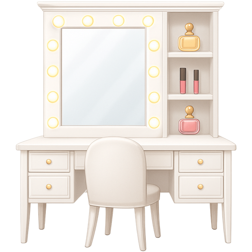 Realistic white vanity with a mirror and on the mirror little balls of light with shelving on the side and on the shelves there are expensive perfumes and lipglosses and drawers at the bottom with a chair in the middle