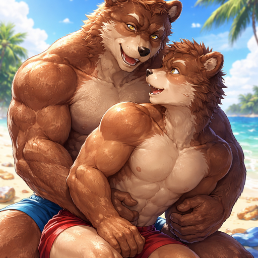 A Full BODY and FACE of a Buff and a Bara Furry Grizzly Bear with brown eyes with a wrestler type body. At the Beach. Talking to his Boyfriend looking back at him. Leaning over him and Grabbing him around the Waist. In his Lap