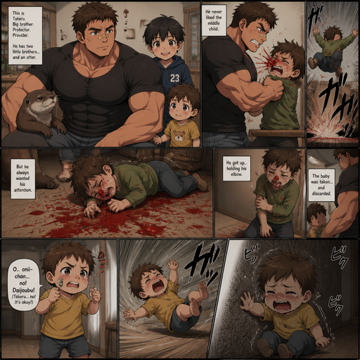 A DETAILED AND LIFELIKE LONG Anime Comic Book story view of a Bulky but Muscular ANIME Cute Bara Man With Peach toned skin Who looks Normal aind round facial Structure and Basic facial structure With Puffy and Big Pecs that are visible through the shirt and Biceps and Bandaid on his nose and Brown short hair that makes them look tough. Wearing normal With his pet Grown and healthy realistic otter and 2 little brothers that are in different ages but young. he never liked the middle child but it loved him and it flies to the floor and red comes from his nose from his grasp. And the baby was taken and discarded, and the one that like him got up while holding his elbow and A lot red on the ground and then the baby stick up for him but doesn’t speak well but then it flys to the wall from him. And the baby gets slowly and shakes