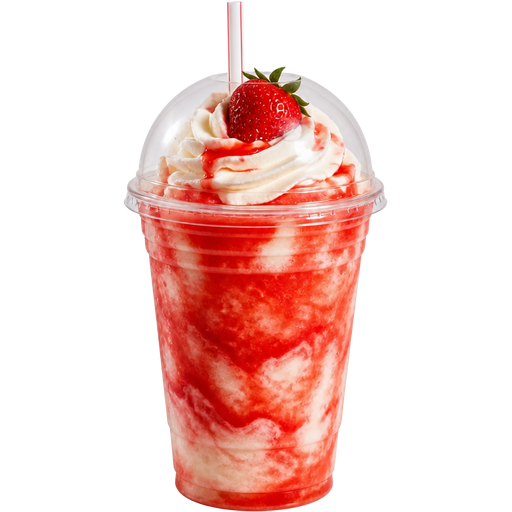 Strawberry Shortcake Soft Shaved Ice Slushie in a Plastic Cup and Plastic Dome Lid with a Straw Mixed in with Extra Syrup Mixed in with Soft Served Vanilla Ice Cream and Whipped Cream and a Strawberry on Top