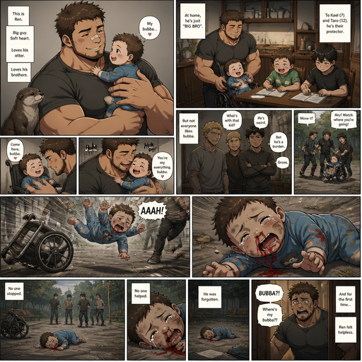 A DETAILED AND LIFELIKE LONG Anime Comic Book story view of a Bulky but Muscular ANIME Cute Bara Man With Peach toned skin Who looks Normal aind round facial Structure and Basic facial structure With Puffy and Big Pecs that are visible through the shirt and Biceps and Bandaid on his nose and Brown short hair that makes them look tough and A Bear on his Chin and Jaw. Wearing normal With his pet Grown and healthy realistic otter and 2 little brothers that are in different ages but young. At the house And the baby with his cute clothes on and already holding his hand he picks the little baby from his Wheelchair and Snuggles and Hugs the baby and it goes in a wheel chair and the baby cuddles up with his arm and he loves calling him bubba but some people don’t like the baby and one day the baby flew out of his chair from some bullies and red comes from his nose and stains his shirt and is all on the ground and it cried and was fogotten