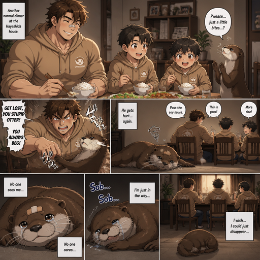 A DETAILED AND LIFELIKE ANIME Comic Book story view of a Bulky but Muscular ANIME Cute Bara Man With Peach toned skin Who looks Normal aind round facial Structure and Basic facial structure With Puffy and Big Pecs that are visible through the shirt and Biceps and Bandaid on his nose and Brown Fluffy and Strait hair. Wearing normal clothes and hoodie that matches his Family members so no one in the family got lost and With his pet Full grown and Healthy and long otter and 2 little brothers. And they at the house all eating dinner together and the otter begs for food. And the bigger brother excessively bullies the otter. And the otter laying his side on the floor with a headache. And everyone neglects the otter and the otter doesn’t feel seen and he cries. Ans