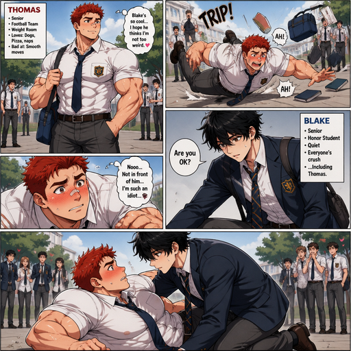 A Full page Comic Book Full Body view of a Bulky and Muscular and Chunky and more Muscle than Fat ANIME CUTE Bara Man Who looks Normal and American with a Basic facial structure With PUFFY and BIG Pecs that are visible through the shirt and Biceps with a cut on his nose and Red Hair and Brown eyes named Thomas. His crush name Blake who is Tall and Skinny. Wearing a School Uniform. Blushing hard cause he fell in front of crush His male crush Over him and Says “Are you OK”