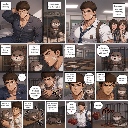 very lifelike and Detailed anime comic Story about of a Bulky ANIME Cute Bara Man American 20 year old with a ROUND and BASIC facial structure and Young Adult BARA CUTE that is Peach Toned skin not anything else MALE not to detailed With bigger than average Pecs that are visible through the shirt and Biceps and a big Bandaid on his nose and Left Cheek and Right Eye brow with Scars all over his Chest and arms. Wearing a school uniform and pants, drenched in sweat and Short and Brown strait Fluffy Hair and Strait with brown eyes and black eyebrows with a Three finger Slash on his Eyebrow and Makes Girls blush when they walk by him. With no Facial Hair. Waking up in the morning in pajamas and his class pet Sea Baby Otter in his cage that has a crush on him and Deeply in love with him with a collar but Excessively Bullies it. And one day him and the otter are alone in the classroom and The Otter is in his cage and asks if he can cuddle with him and he says sure but turns on him and Bullies him. And later in class, he taught the otter by winking at him and the otter thinks he actually likes him, but he makes a mad face at the otter and the otter then realizes he doesn’t like the Otter. And the auto tries to cuddle him and he throw the otter on the desks and then the otter crawls into his Cage one step at a time won’t stop loving him. And then he comes back to school with the Otter, giving him a box of chocolates, and he throws the chocolates at the otter. And says weirdo and the otter cries