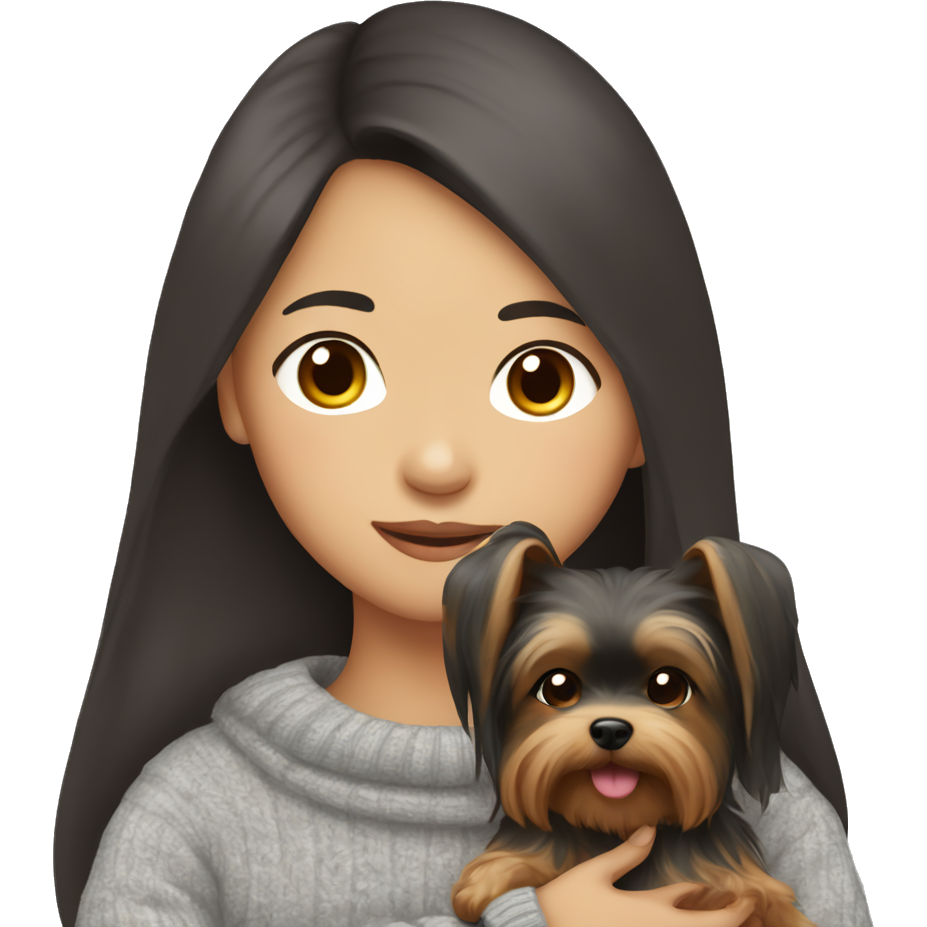 A Asian Girl with dark brown long hair wearing a cozy sweater holding a Yorkshire Terrier in her arms