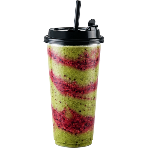 Kiwi Berry Breeze Smoothie with a 32oz PP Injection Cup and a Premium Plastic PP Black Lid with an Attached Stopper including a Straw on Top of It Blended with Kiwi, Mixed Berries and Spinach with Green Kiwi and Mixed Berry Striped Swirls