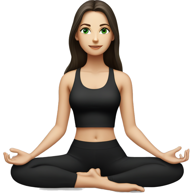 Beautiful white girl with perfect dark brown long hair and green eyes sitting in yoga pose with black outfit