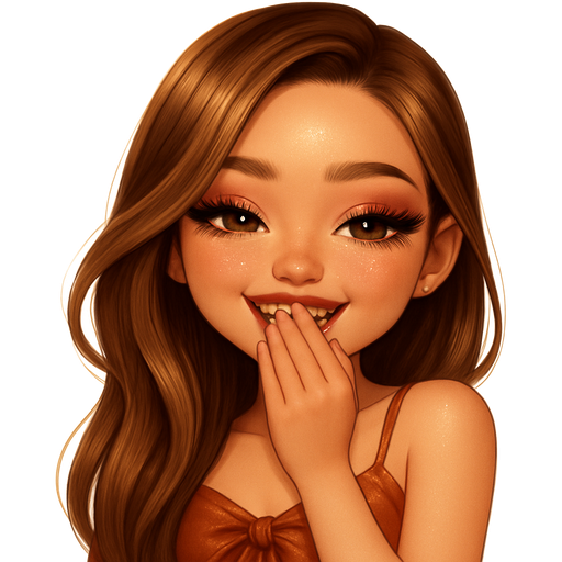 luxury glossy bratz-anime romantic aesthetic, warm cinematic glow, crisp clean detail, glossy glam skin. petite girl, warm soft-autumn tone, fair skin, honey-brown almond eyes, soft freckles, warm toasty glam makeup, glossy nude lips, flutter lashes, warm maroon glimmer makeup, sweet Belle-princess vibe, very long brunette honey balayage hair with visible light honey blonde highlights, straight, side-swept over one shoulder with volume, Sabrina Carpenter blowout, high shine, silky bow-front cami, giggling with hand over mouth winter pop-princess energy, shimmer highlight, sparkly glow