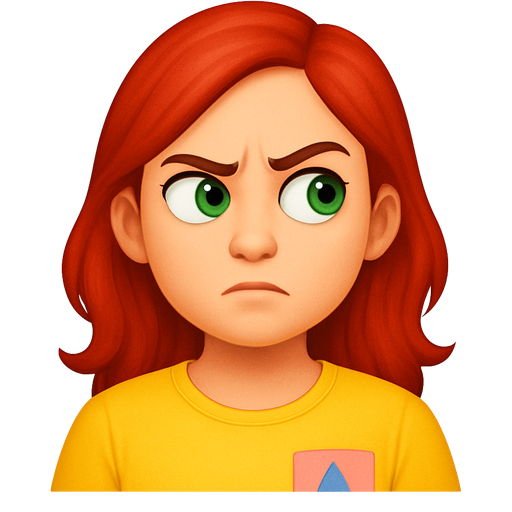 Une fille avec Cheveux rouges Yeux verts T Shirt jaune avec une poche rose clair avec dessus un triangle bleu, L'air soupçonneux