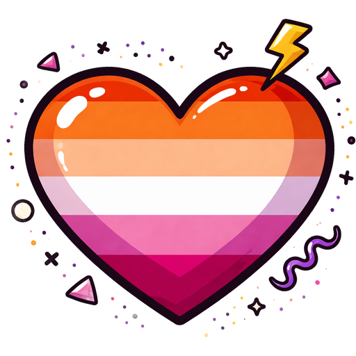 A classic heart emoji with the lesbian flag palette, which consists of these colors in this order: dark orange-red, orange, white, pink, purpleish-pink, dark magenta