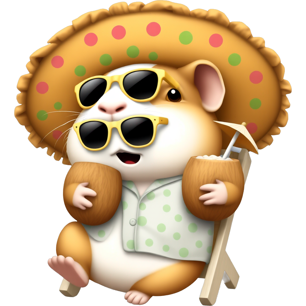 A flamboyant guinea pig sporting a vibrant polka-dotted sombrero and oversized sunglasses, lounging on a tiny beach chair. It's sipping a coconut drink with a little umbrella, while wearing flip-flops and a Hawaiian shirt, surrounded by dancing cartoon tacos and confetti in the air.