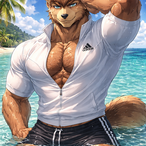A Anime Full Body and Face of a Muscular and. VERY Masculine and handsome Bara Furry Bear with a Very detailed Good looking Face and Blue eyes with a wrestler type body. At a Photo Shoot Posing in a the water no chain with a short at the waist white adidas Quarter Zip.