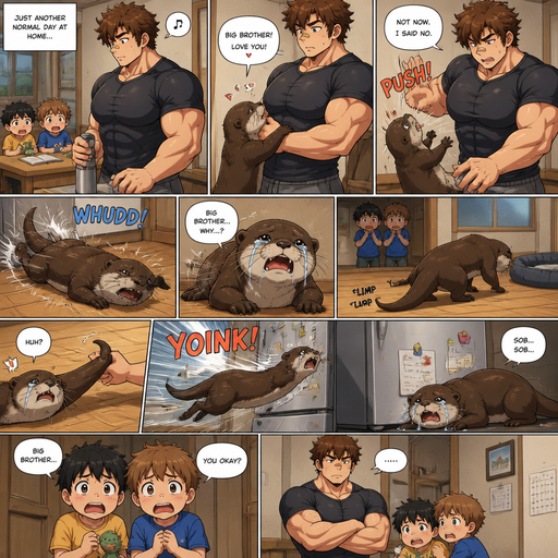 A DETAILED AND LIFELIKE ANIME Comic Book story view of a Bulky but Muscular ANIME Cute Bara Man With Peach toned skin Who looks Normal aind round facial Structure and Basic facial structure With Puffy and Big Pecs that are visible through the shirt and Biceps and Bandaid on his nose and Brown Fluffy and Strait hair. Wearing normal With his pet Grown and long and healthy otter and 2 little brothers. And they are in the house minding their businesses while the otter comes and tries to hug the older brother, but the older brother doesn’t like him, and the otter flies to the ground. The the otter Cries while looking at him while he slides on the ground, and then the otter limps to his doggy bed. but he feels a tug on his tail and flies to the fridge. And he lays there Crying while the big brother’s brothers are scared.