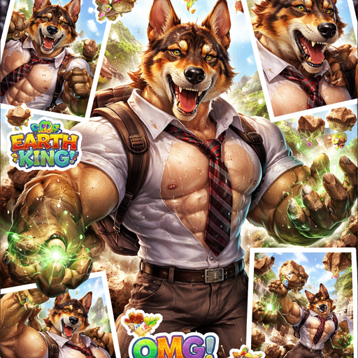 A Very Cute and Flirty, Hot and Attractive animal that is a Chunky and Hunky Sabertooth mixed with a German Shepard with Ginormous Biceps and Pecs Bara furry Wearing a School Uniform and Tie at school With Geokenetic Elemental Powers controlling Rocks, Earth and Mountains. Dripping in Sweat. A Collage