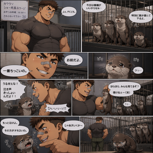 A DETAILED AND LIFELIKE ANIME Comic Book story view of a Bulky but Muscular ANIME Cute Bara Man With Peach toned skin Who looks Normal aind round facial Structure and Basic facial structure With Puffy and Big Pecs that are visible through the shirt and Biceps and Bandaid on his nose and Brown short hair that makes them look tough. Wearing normal A Few otters in a cage. and then pick one otter excessively got bullied by him. In front of everyone. And the otters Tremble and the one getting bullied Cries