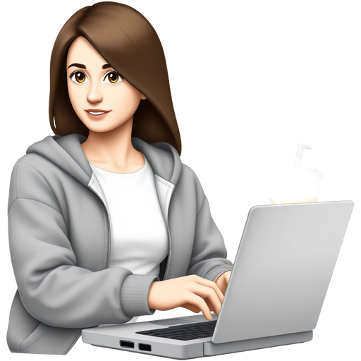 “Sticker of a female character matching the pose and camera angle of the reference photo, grey zip hoodie, white tee, typing on laptop, takeaway cup at right, simplified abstract painting motif behind, clean vector, bold outline, flat colors, soft ambient shadow, Telegram sticker style, 1:1, transparent background.”