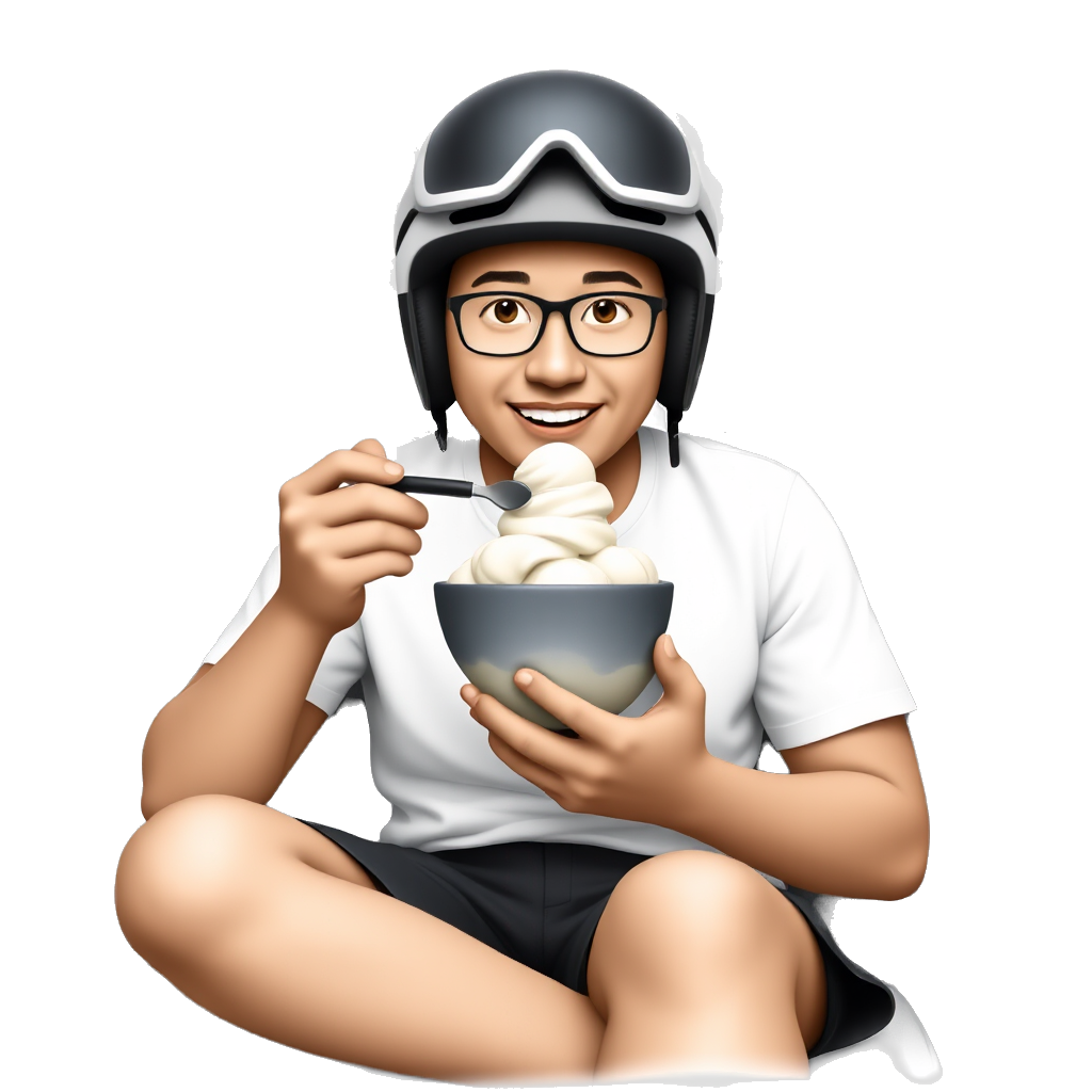 asian guy with clear grey glasses, a white shirt, black shorts on sitting on a couch eating a bowl of ice cream with a ski helmet on