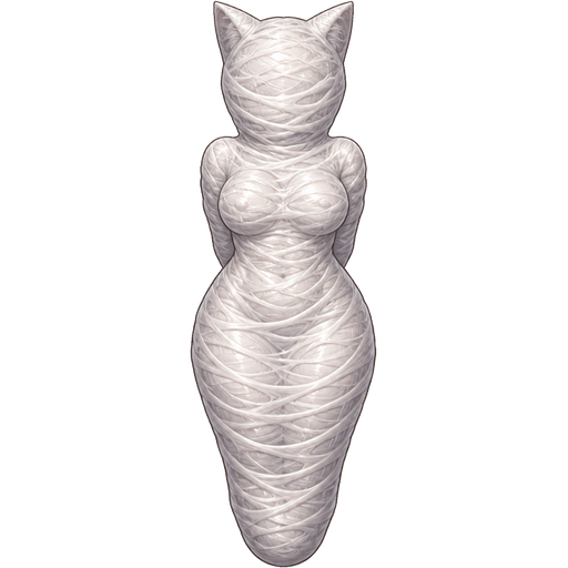 sticky slik mummy-like-cocoon female cat girl anthro entombed wrapped up and mummified fully covered in a spider slik cocoon shaped like female cat girl anthro with arms behind back with spider slik wrappings completely covered with thick layers non-transparent spider slik wrappings front view