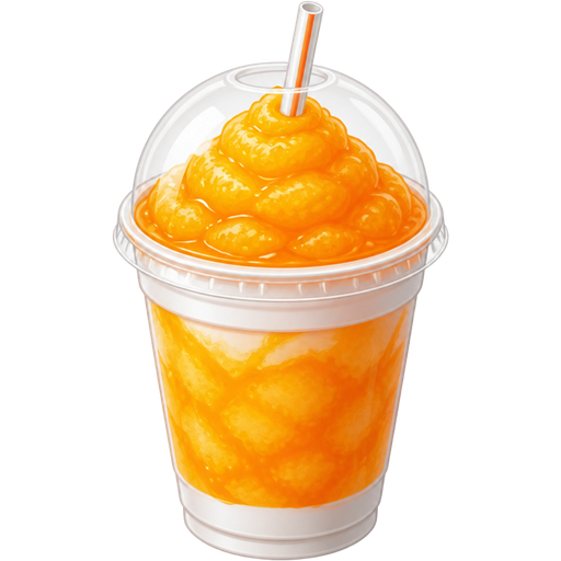 Mango Orange Soft Shaved Ice Slushie in a White Plastic Cup and Plastic Dome Lid with a Straw Mixed in with Extra Syrup