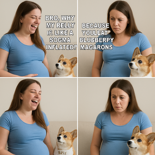All photos Eliot wolf says interactive me to pregnant and corgi named Oreo with bib macaroni says okay and Eliot wolf says bro why my belly is like a sogma inflated and Oreo corgi says beacause you eat blueberry macarons