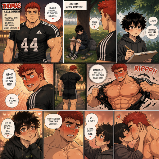 A Comic book story of a Bulky and muscular ANIME Cute Bara Man Who looks Normal and American with a round facial Structure and Basic facial structure With Big Pecs and Biceps and Bandaid on his nose. Wearing an Adidas Jersey and shorts with Scarlet Red hair and named Thomas with a Huge Crush on Blake. With Blake a Skinny and small Kid. One day After Practice found Blake under a tree drawing. And Blake Found Thomas Staring at him. And then Thomas Blushed Hard and Walked away to hide his face. and He Tenses up and rip his shirt. But in. Blake’s eyes Blake’s blushes cause he looks dreamy and irresistible. And Thomas looks back and Says you probably think I’m a Monster and Blake says no and holds his cheeks up and says I think your cute and Kisses him.